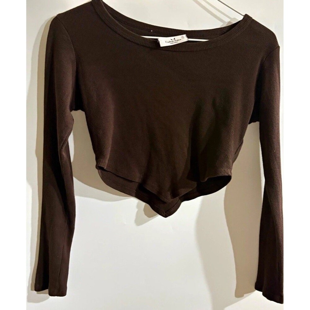 Rebellious Dreamer Women’s Brown Ribbed Scoop Neck Cropped Long Sleeve Tee S